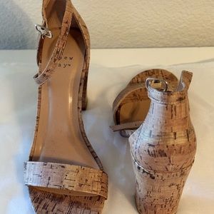Tan Cork Block Heel Sandals with Ankle Strap